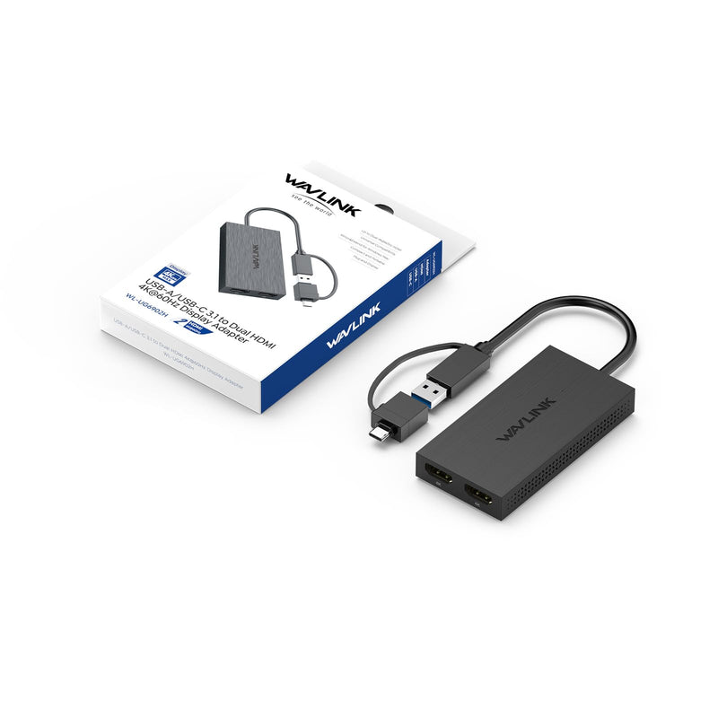 WAVLINK USB 3.0 & USB C to Dual HDMI Adapter 4K@60Hz for Dual Monitor, DisplayLink USB C HDMI Adapter for Apple Mac M1-M5/Macbook Neo, Windows 10/11, ChromeOS (No Linux/iPad/iOS/HDCP), Driver Required USB to Dual HDMI 4K