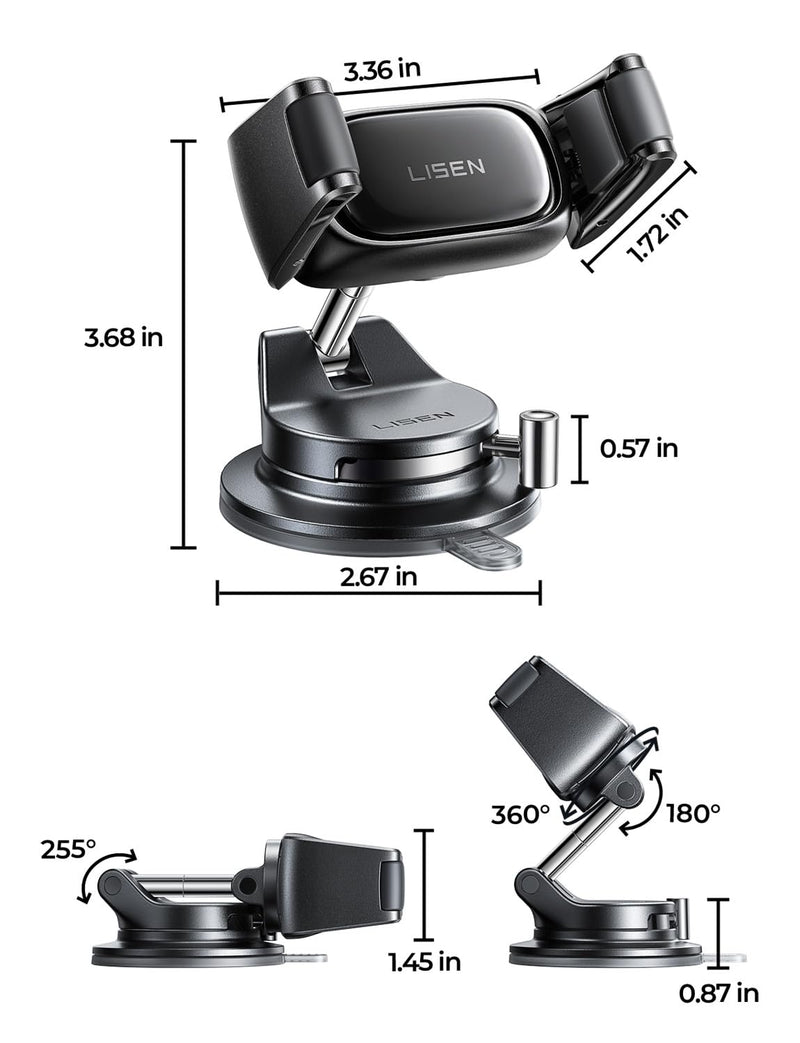 LISEN Suction Phone Mount for Car, [Ultra Suction & 95% Cases Friendly] Car Phone Holder Mount Vacuum Dashboard Phone Holder, Car Cell Phone Holder for iPhone 17 16 15 14 Pro Max Air Galaxy S26 S25