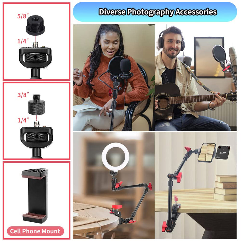 Upgraded 22in/57cm Adjustable Articulating Friction Magic Arm with 1/4" Thread & Super Clamp with Two 1/4" and one 3/8" Thread, Camera Mount for LED Light/Microphone Video Rig 22inch