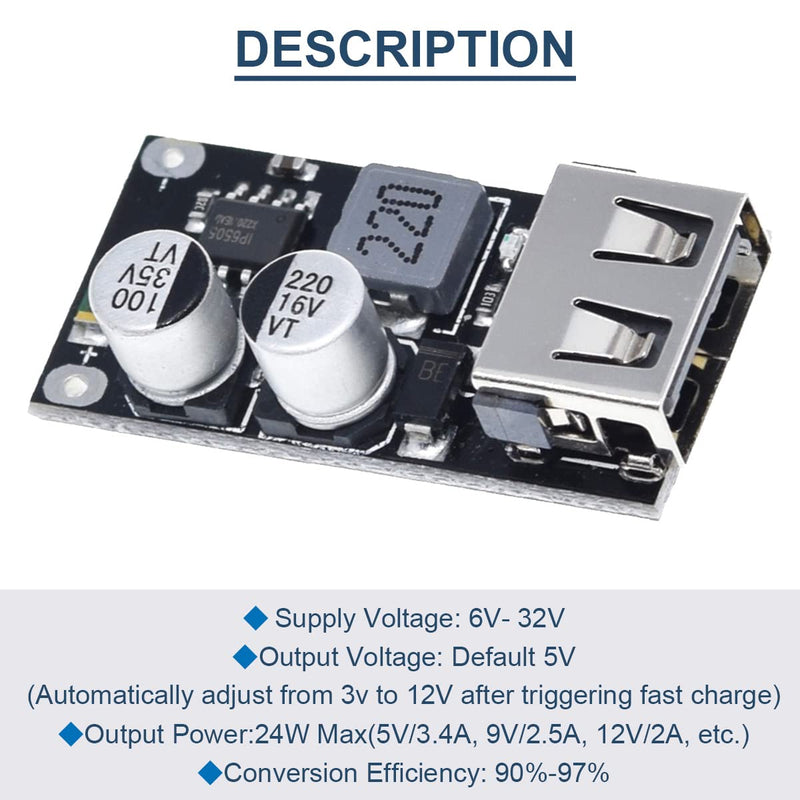 5 Pcs 6-32V 9V 12V 24V to 5V 3A Fast Charging Module USB QC3.0 QC2.0 DC-DC Buck Converter Step-Down Quick Charger Circuit Board with USB Cable, 24AWG Wire 1 Port USB