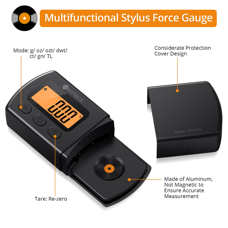 Neoteck Digital Turntable Stylus Force Scale Gauge 0.01g/5.00g Orange LCD Backlight for Tonearm Phono Cartridge-Jet Black Jet Black