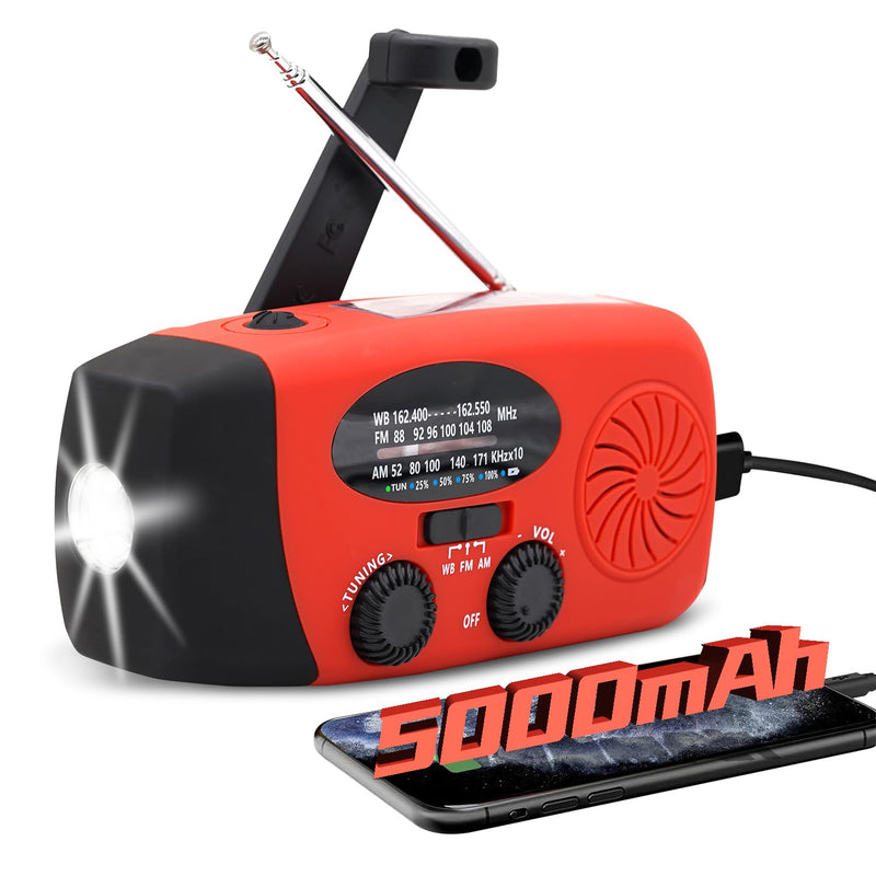 18500mWh/5000mAh Emergency Crank Weather Radio, iRonsnow NOAA/FM/AM Solar Radios, Portable Survival Radio with SOS, Earphone Jack, 1W 4 Modes LED Flashlight, Cell Phone Charger for Camping Hiking 5000mAh Red