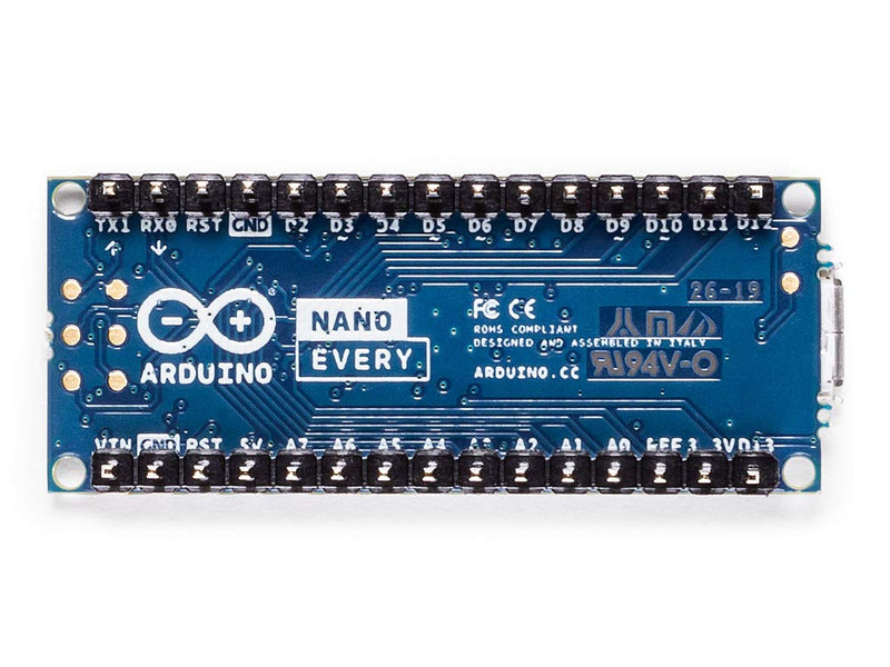 Arduino Nano Every with headers [ABX00033] – Compact ATmega4809 Microcontroller with Micro USB, 20 Digital I/O, 6 Analog Inputs, and Easy Prototyping for DIY Projects