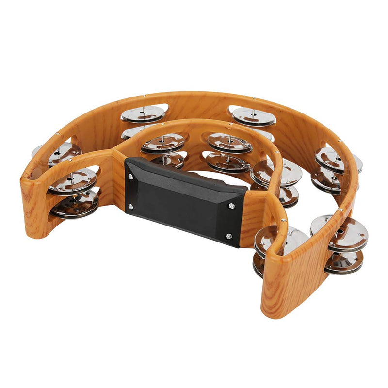 Sturdy Wooden-Style Tambourine with Double Row Jingles & Comfort Grip - Percussion Instrument