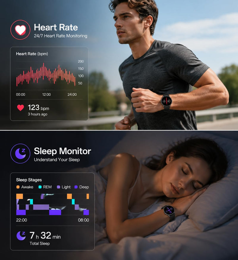 AOLON GTR3 Smart Watch for Men Women, AMOLED Display, Fitness Tracker | Ultra Thin 8.8mm Smartwatch with AMOLED AOD Display, 110+ Sports Modes, Heart Rate Sleep Monitor, IP68 Waterproof Black