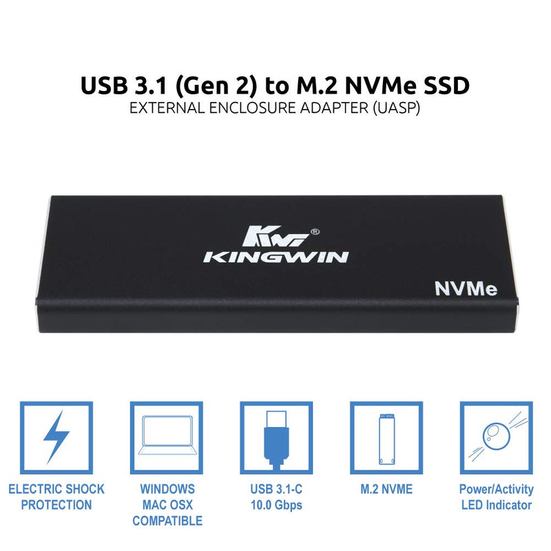 Kingwin M.2 SSD NVMe External Enclosure, 10Gbps USB 3.1 Gen 2 M-Key to USB C Solid State Drive Adapter, PCIe USB 3.0 USB C Cables, Fit Size 2230/2242/2260/2280, Aluminum, KM-U3NGFF-NVE