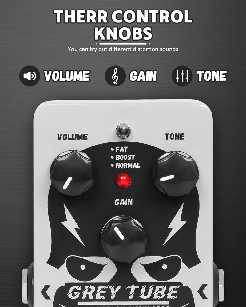 STRICH GREY TUBE Distortion Guitar Pedal, Distortion 3 Modes Fat, Boost, Normal Classic Crunch 80s Metal/Nu Metal, True Bypass for Electric Guitar, White White Distortion