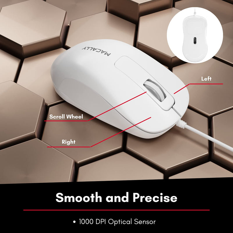 Macally USB Wired Computer Mouse for Mac and PC - Simple, Clean, and Effective - White Wired Mouse with 5ft Cable, 3 Buttons, and 1000 DPI Sensor - Plug and Play Wired Mice for Mac