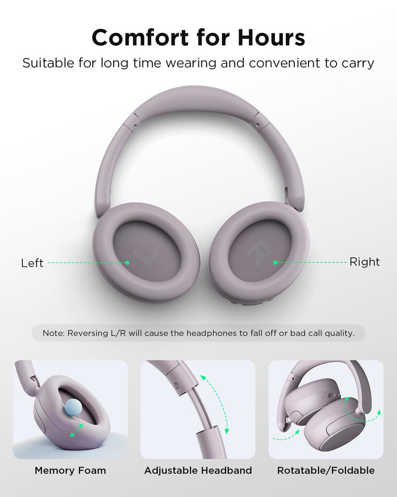 TALIX H30 Hybrid Active Noise Cancelling Headphones, 110H Playtime Hi-Res Audio Bluetooth 6.0 Wireless Over Ear ANC Headphones for Commute/Travel (Purple) Purple