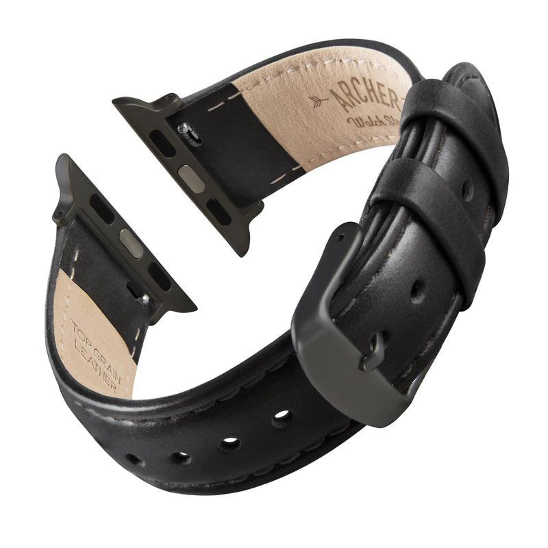 Archer Watch Straps - Top Grain Leather Watch Bands for Apple Watch 44/45/46/49mm Black/Matched Thread, Matte Gray Hardware
