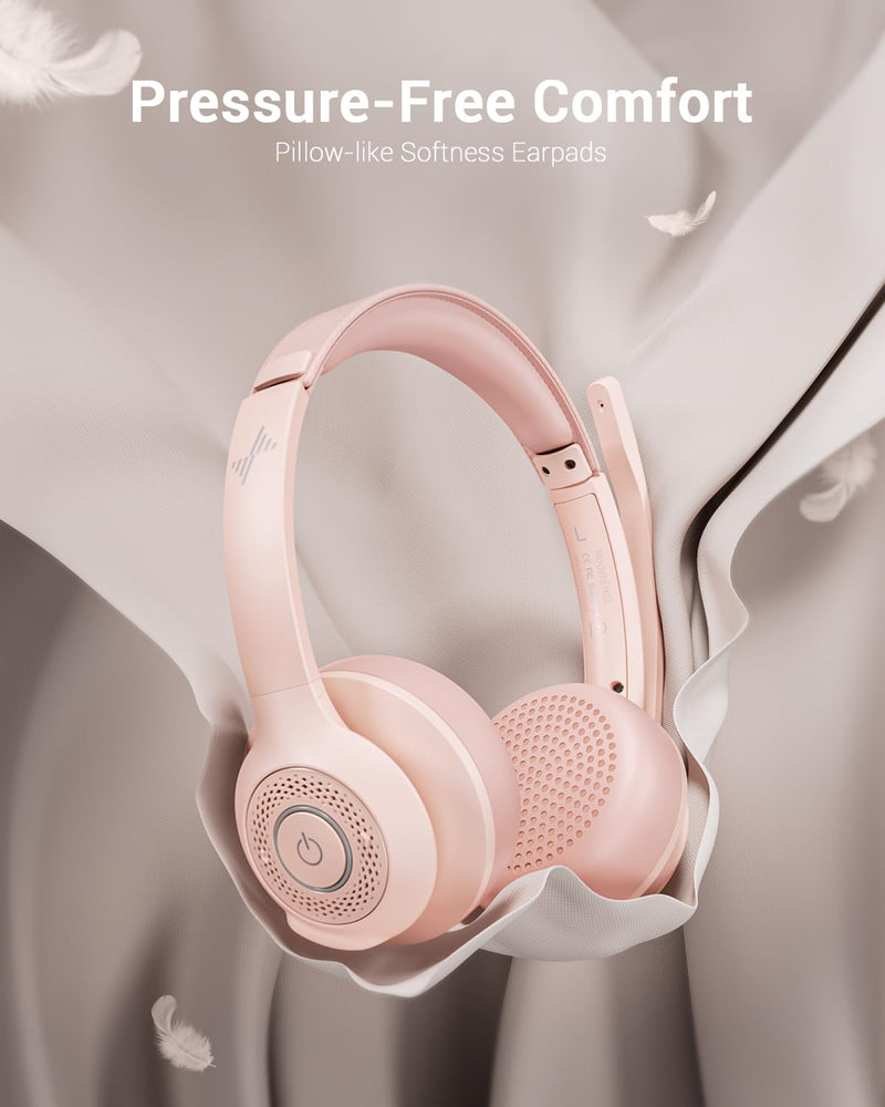 Wireless Headset with AI Noise Cancelling Microphone Bluetooth Headset - Bluetooth V5.2 Headphones with USB Dongle & Mic Mute for Computer/Laptop/PC/iPhone/Android/Cell Phones/Zoom/Ms Teams/Skype-PINK Pink