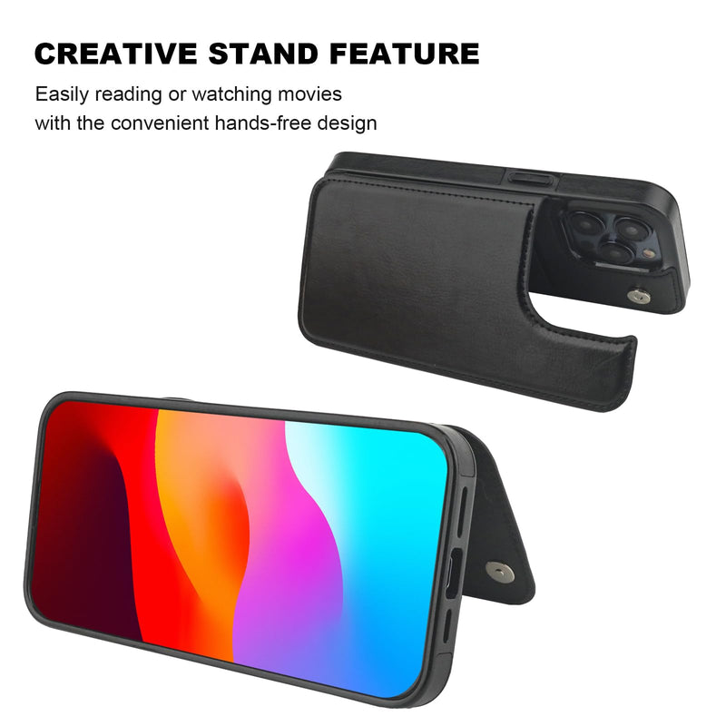 Compatible with iPhone 15 Pro Max Wallet Case with Card Holder, PU Leather Kickstand Card Slots Case, Double Magnetic Clasp and Durable Shockproof Cover 6.7 Inch (Black) Black