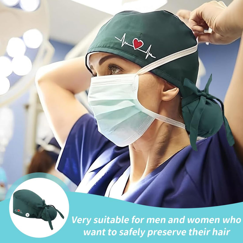 LQIOACU 1 x surgical cap for men and women, surgical cap, fabric, work cap, cotton print, nurses cap, long hair, green, multicoloured, Unit size