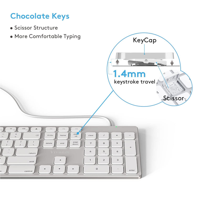 Wired Keyboard for Apple Mac OS, All-Aluminum Frame, Plug-N-Play Cable Connection, Desktop USB Keyboard with Numeric Keypad Compatible with iMac Computer or MacBook Laptop by Yivandi -White