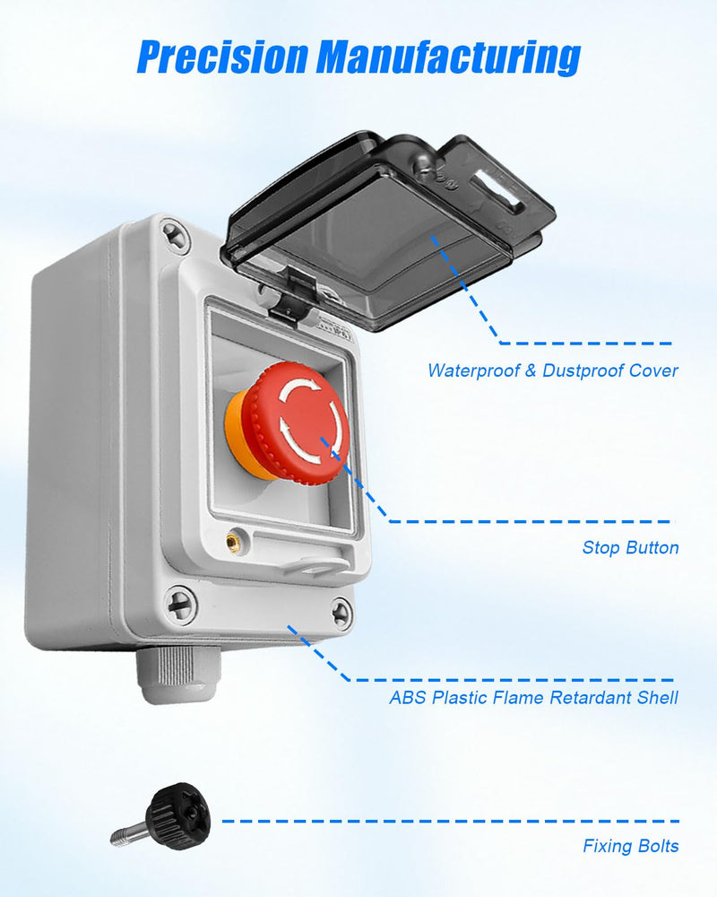 660V 10A Push Button Switch Box, Red Momentary Emergency Stop Button, Shut Off Switch with IP67 Waterproof Protective Cover Red Emergency Stop Only