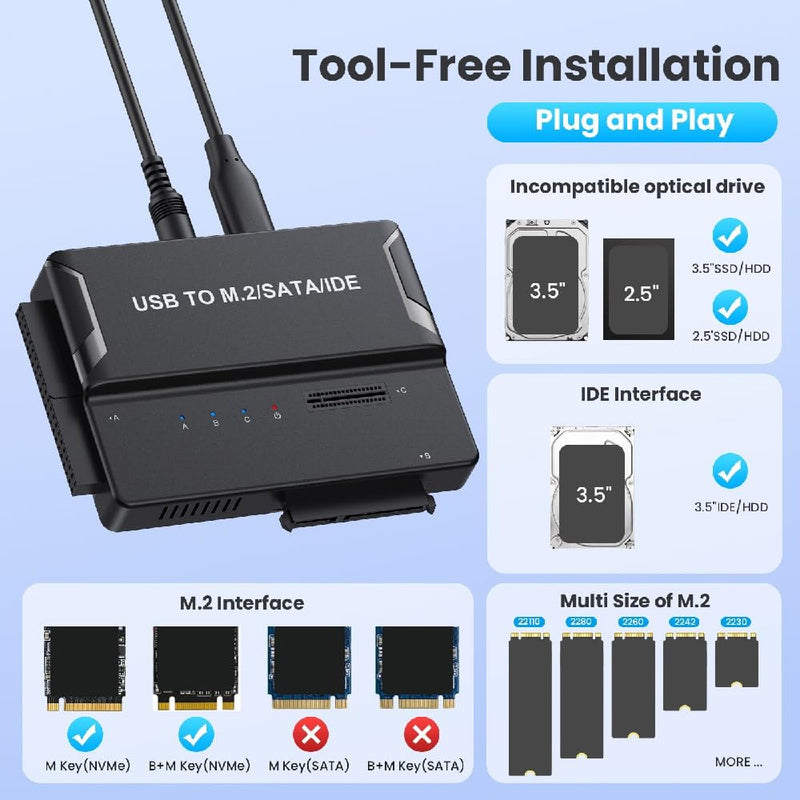 USB 3.0 SSD Docking Type-C USB-C to Dual NVME M-Key M.2 NGFF & IDE 40Pin & SATA 2.5 3.5 Inch Vertical External PCBA Case Enclosure