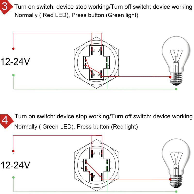 GUUZI 12V-24V/10A Momentary Push Button NO/NC, Waterproof, Green/Red LED Light, Illuminated, 22 mm Power Start Metal Push Button with Socket Plug Green/red 22 mm momentary switch