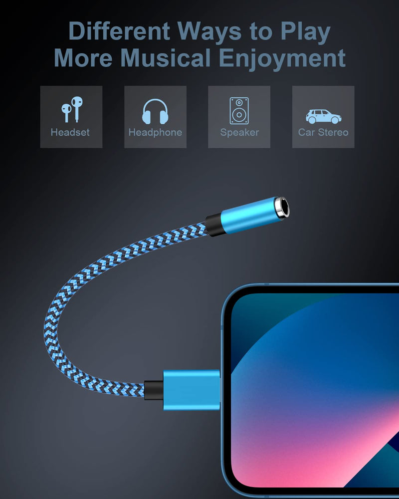 2-Pack Lightning to 3.5mm Aux Adapter, Headphone Adapter for Aux Cord [Apple MFI Certified] 3.5mm Jack Aux Audio Adapter Dongle for iPhone 14 13 12 11 Pro Max Plus Mini XR XS 8 iPad iPod 2*Blue, Purple