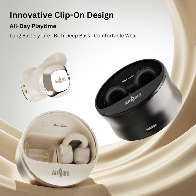 AIRMARS Open Ear Earbuds, Bluetooth 5.4, 25Hr Battery Life, Clip-On Design, 360° Sound, Compatible with iPhone Android (Champagne Gold) Champagne Gold