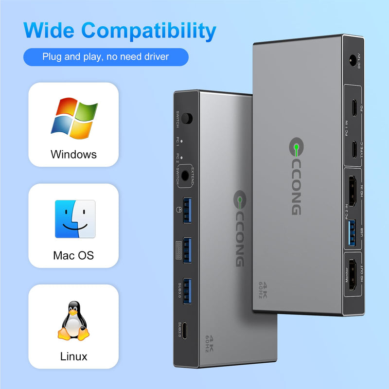 HDMI USB C KVM Switch 1 Monitor 2 Computers,4K@60Hz KVM Switches for | 1 PC+1 Laptop Share 4 USB3.0 Ports,Single Monitor,Keyboard & Mouse with 2 USB3.0 Cables Controller Office · Gaming · Meeting Grey Laptop+PC 1 Monitors