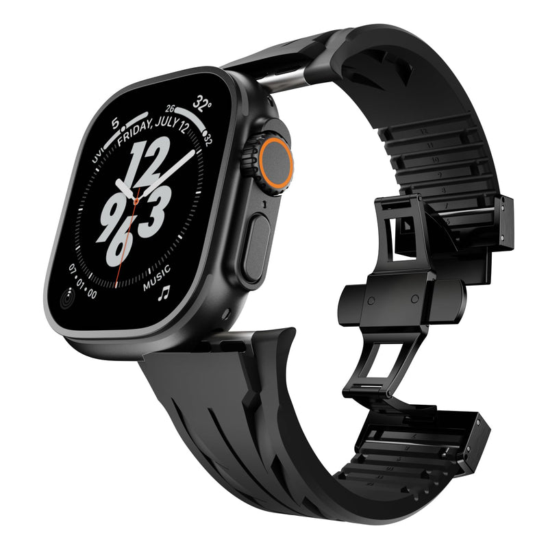 FKM Watch Band F10 - Premium Rubber Strap for Apple Watch Compatible with iWatch Ultra 3 / Ultra2/Series 10 9 8 7 (44mm 45mm 46mm 49mm), Sport bands with Folding buckle, Rugged Heavy Duty Modern 006Black-b 42mm/44mm/45mm/46mm/49mm
