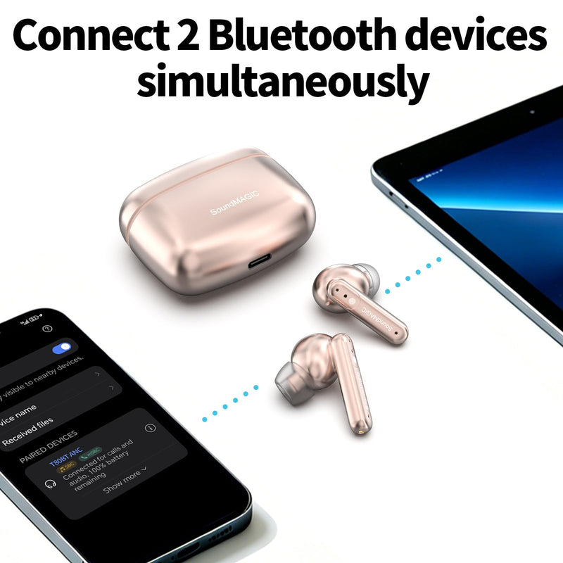 SoundMAGIC T80BT True Wireless Earbuds, Hybrid ANC, HiFi, Clear Calls, Pink | Comfortable noise reduction, Rich layered stereo, Pressure-free wear, 25hr battery, IPX5 waterproof, Seamless dual pairing