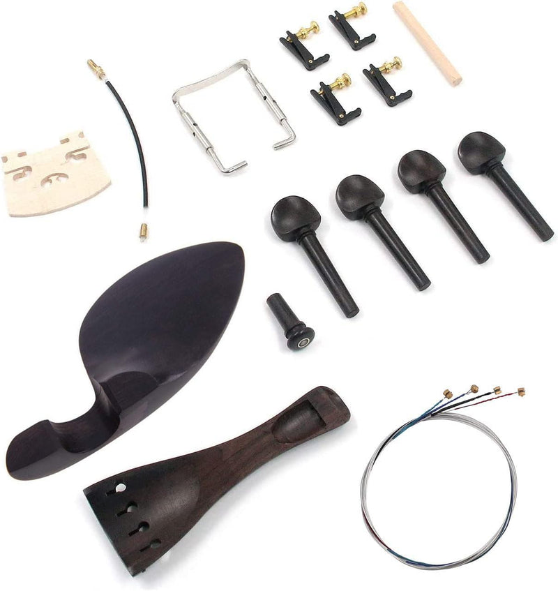 Violin Parts & Accessories Kit with Violin Ebony Chin Rest, Tailpiece, Tuning Pegs, Endpin,Tunners, Tailgut, String and Maple Bridge for 4/3 4/4 Violin Replacement Part 16pcs