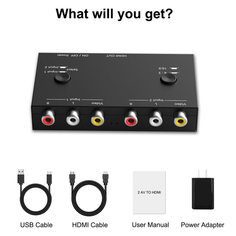 2 Port RCA/AV to HDMI Converter Adapter Support 16:9/4:3 for WII/N64/PS1/PS2/PS3/VHS/VCR/DVD Players etc(2 AV in 1 HDMI Out) 2Port AV to HDMI Converter