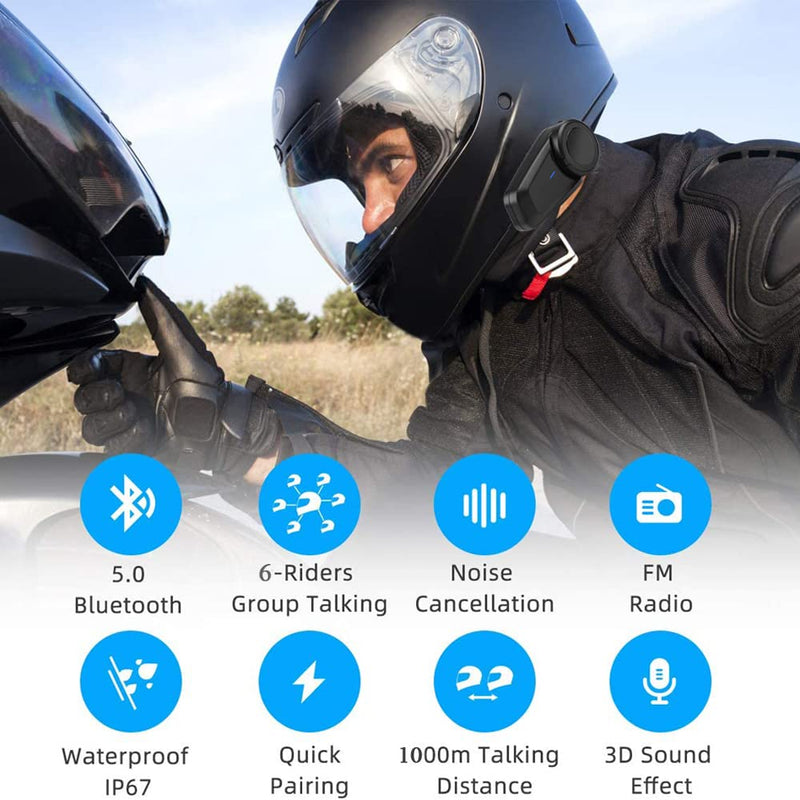 QSPORTPEAK M2 Motorbike Bluetooth Helmet Headset Intercom, Full Duplex Wireless Motorbike Interphone for 6 Riders/Range 1000m/FM Radio/GPS/MP4, Connect with Any Bluetooth Headset (1 Pack) 1 Pack
