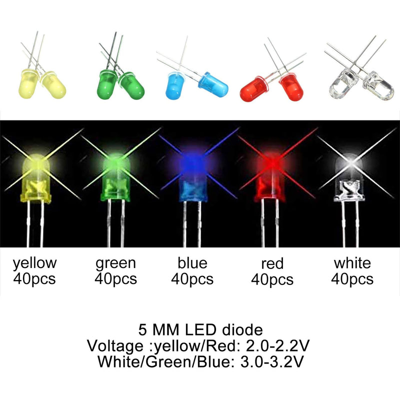 AQSQWQ Pack of 200 LED Light Emitting Diodes 5 mm LED Diodes 3 V Light Emitting Diode Assortment Kit 5 Colours Red Blue Yellow Green White Round Head 2 Pin Extra Bright LED Light, Diffuse Diodes Set