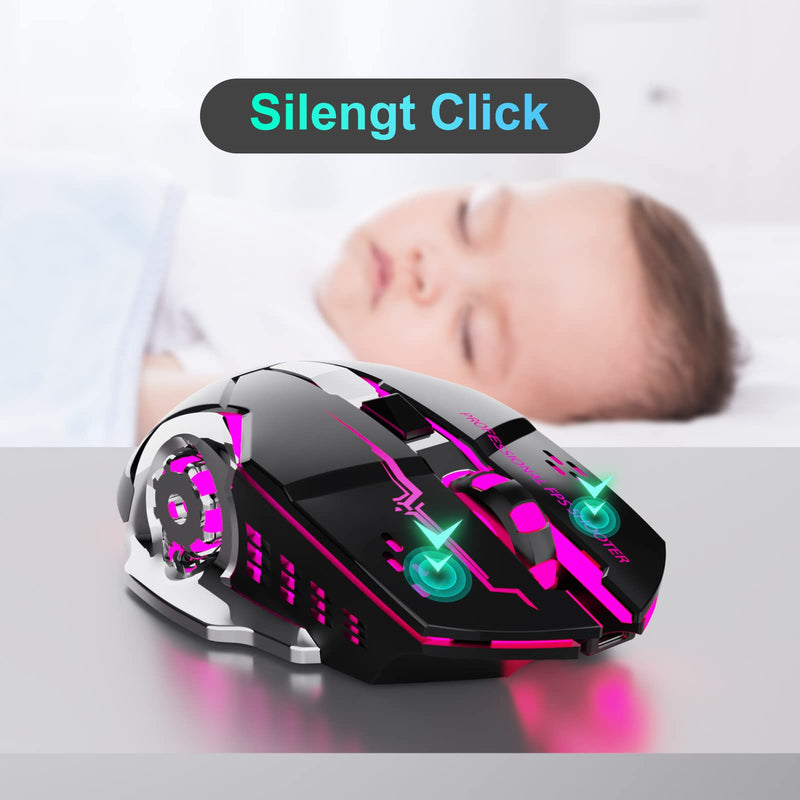 QELIROKY QV13 New 2.4G Wireless Rechargeable Gaming Mouse Silent Click with 6 Buttons, 3 Adjustable Levels DPI , Colorful LED Lights for Laptop, iPad, MacOS, PC, Windows, Android (Black)