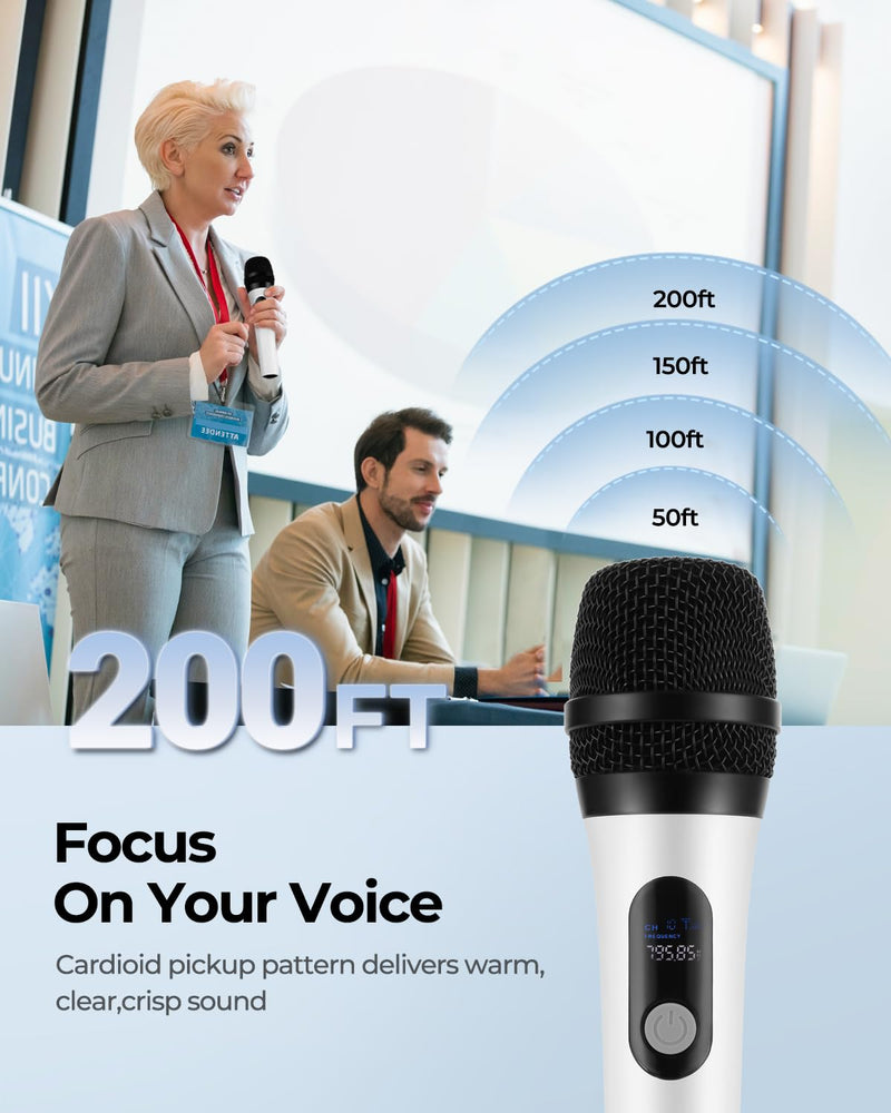 [AUSTRALIA] - Wireless Microphone, FOLTUSMY Dual Digital Dynamic Bluetooth Microphone with Rechargeable Receiver, 200ft Range, Microphone for Singing, Karaoke, Meeting, Church, Wedding 