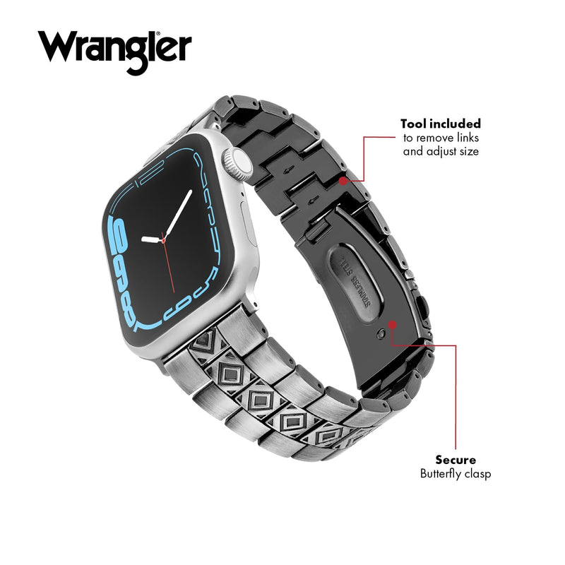 Wrangler® Silver Link Metal Band for Apple Watch®, Western Style, Unisex | Fits all Apple Watch® Series & Sizes, Adjustable Sizing - Fits Most Wrists, Silver-Tone Alloy Links, Dress or Casual Wear Frontier Links