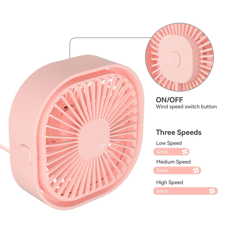 RJVW Small USB Desk Fan, 3 Speeds Portable Table Fan, 4 inch Personal Min Fan,Small Cooling Fan by USB Plug In, 360°Rotatable Silent Desktop Fan for Home Office Bedroom Dorm Indoor Outdoor Summer Gift Pink