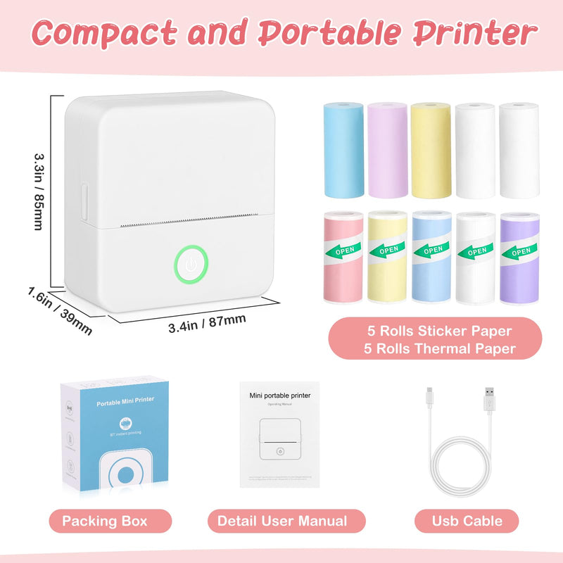 Mini Printer, Portable Thermal Printer with 10 Rolls Paper, Sticker Printer Machine, Study Printer for Notes, Photos, Journals, DIY, Mini Pocket Printer Compatible with Android & iOS 1 White Printer & 10 Rolls Paper