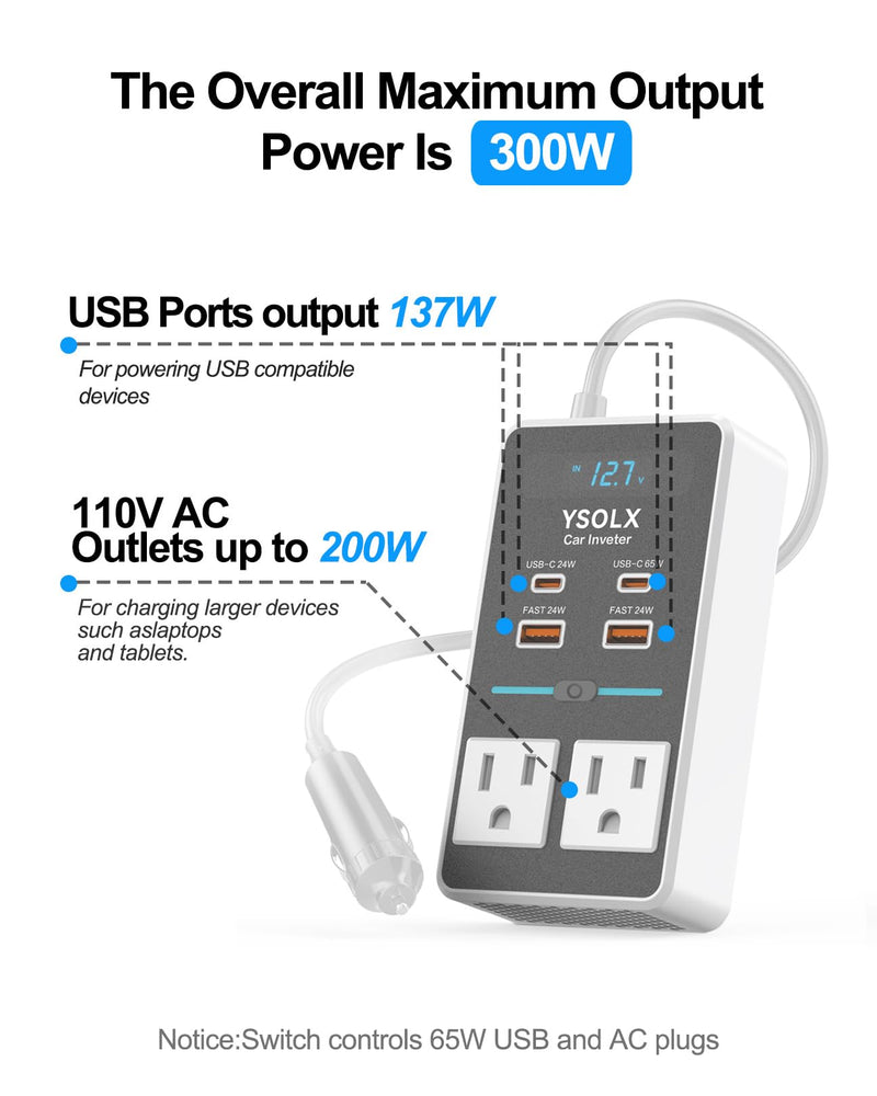 YSOLX 300W 12V to 110V Car Power Inverter | 65W USB-C,4 USB Post,Dual AC Car Plug Adapter Outlet,LED display.Suitable for Car Trips, Camping,Laptop white