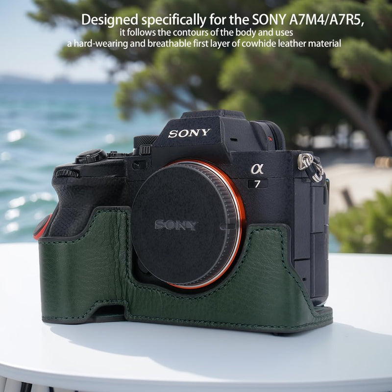 Bowan for Sony A7 Mark IV Camera Case,Handmade Genuine Real Leather Half Camera Case Bag Cover for A7IV A7M IV A7M4 A7 Mark IV A7RV A7R5 Camera Bottom Opening Version + Hand Strap (Green) Green