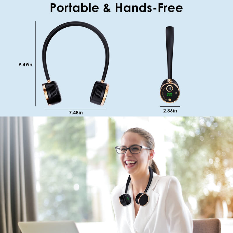 Portable Neck Fan, USB-C Powered Digital Display Bladeless Fan, 3 Speeds Wearable Personal Fan, 2000mAh Rechargeable Battery Operated Fan for Outdoor, Home, Office - Black