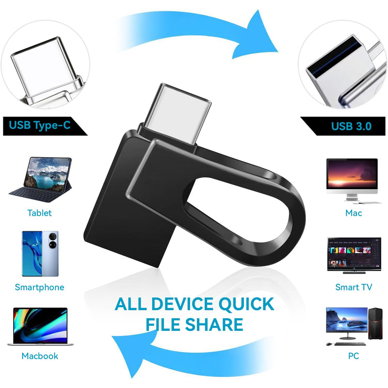512GB Dual USB 3.2 Gen 1 Type-C Jump Drive, Champagne Silver Rotatable Metal Thumb Drive, Fast Transmission, Safely Store Your Cherished Digital Memories Anytime-Black black