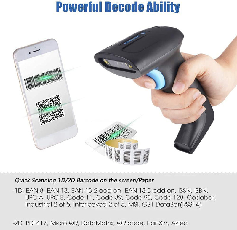 [AUSTRALIA] - REALINN Wireless 2D QR Barcode Scanner Rechargeable Automatic Handheld Code Reader Dustproof Waterproof Shockproof Fast and Precide for Mobile Payment, Store, Supermarket, Warehouse 