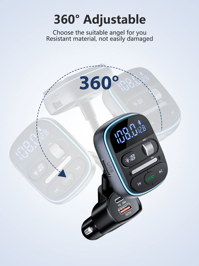 [AUSTRALIA] - LENCENT Bluetooth FM Transmitter PD 30W, Bluetooth Car Adapter with QC3.0 Fast Charger, Hi-Fi Bass Music, Wireless Radio Receiver Hands-Free Calling, [Color Light] 