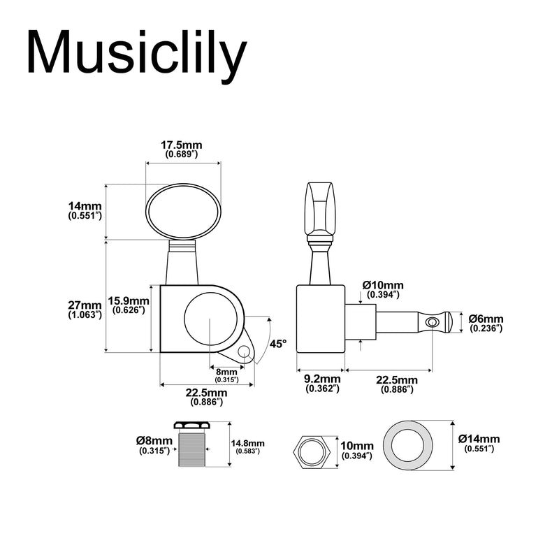 Musiclily Pro R15J 6-in-line 15:1 Ratio Full Sealed Machine Heads Tuners Tuning Pegs Keys with Vintage Oval Button for Strat Tele Style Electric Guitar, Black