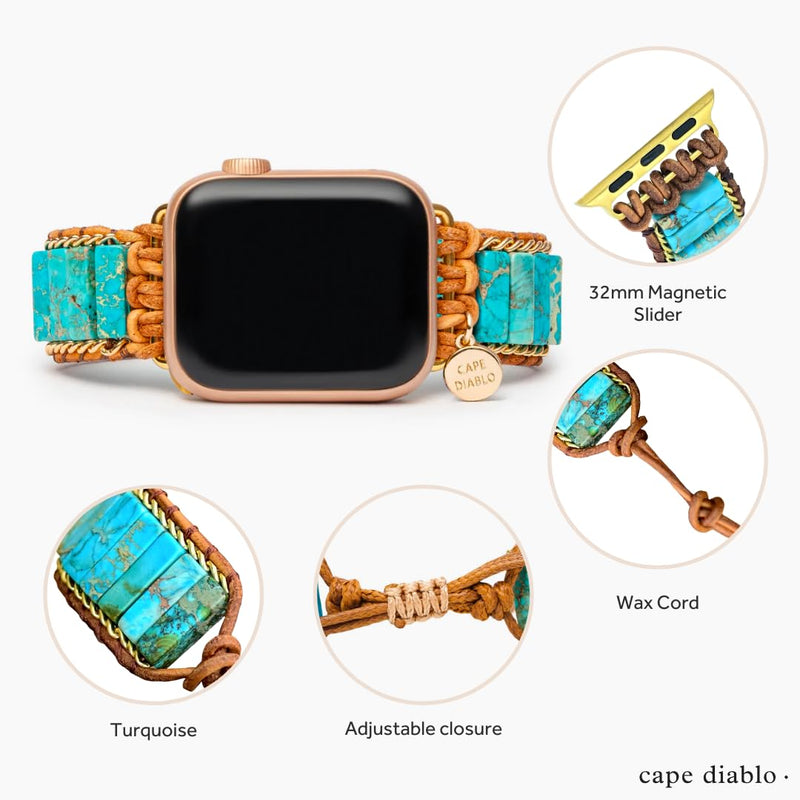 Cape Diablo Smart Watch Band for Women - Handmade Gemstone Strap - Compatible with 38mm-45mm Apple Faces Native Turquoise Protection