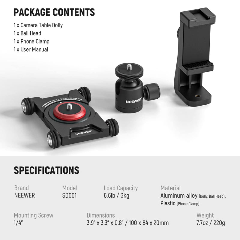 NEEWER Camera Slider Dolly with Ball Head & Phone Clamp,4 Wheeled Tabletop Dolly Manual Skater with 360° Panorama Compatible with DSLR Camera Video Camcorder GoPro iPhone and Android Smartphone, SD001