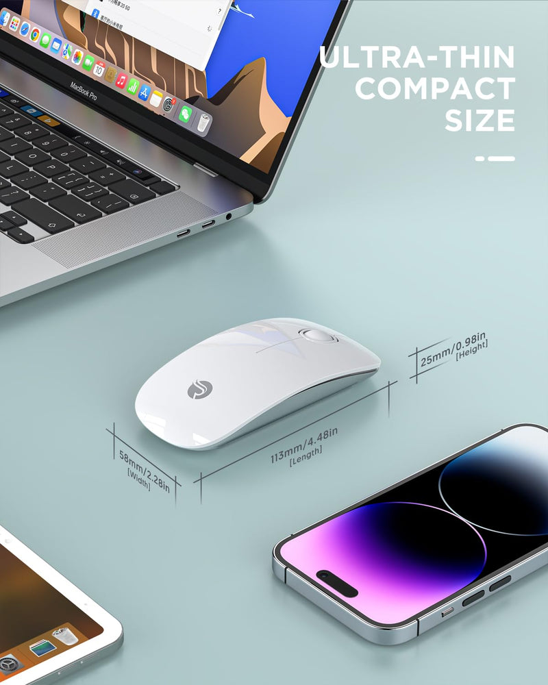 Bluetooth Wireless Mouse - (BT5.1+USB) Slim Dual Mode Computer Mice with Quiet Click, Low Power, and 1600 DPI, Portable Cordless for MacBook, Laptop, iPad Pro/Air, Chromebook (White) White