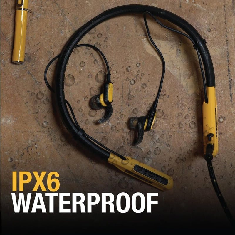DEWALT Heavy Duty Bluetooth Neckband Headphones, Wireless Around The Neck Earbuds w/ 30H Runtime + Noise Isolation, Secure Magnetic Wireless Earbuds, Jobsite Pro Built-in Mic Bluetooth Headsets Yellow