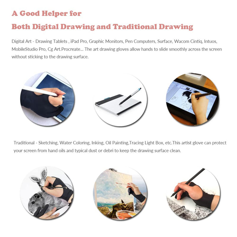 Drawing Glove, 3-Layer Palm Rejection Digital Art Glove for Graphic Tablet, Artist Gloves with Two Fingers for iPad, Paper Sketching, Smudge Guard (2 PCS, Lager)