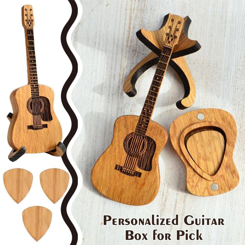 Wooden Guitar Pick Box with Stand,3PCS Unique Guitar Picks,Guitar Pick Holder Box,Musician Engraved Wooden Plectrum Case,Acoustic Guitar Box for Electric Bass Guitar Ukulele Lover