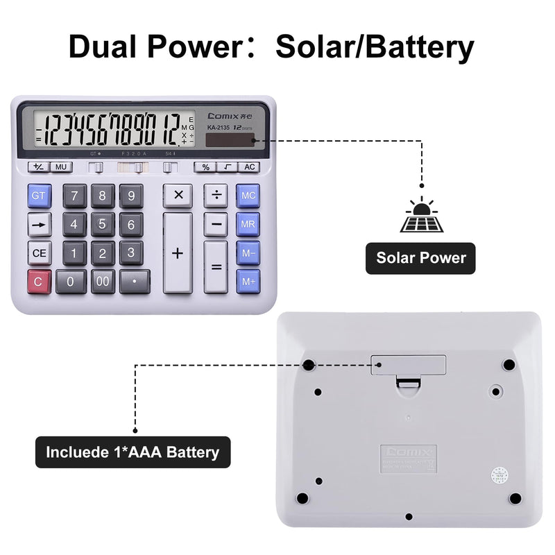 Comix Desktop Calculator, 12 Digits Large Desk Calculator, White, 2 Pack | Solar Battery Dual Power, Large LCD Display, Computer Keys, 4 Function Basic Calculator for Office Business Home Use