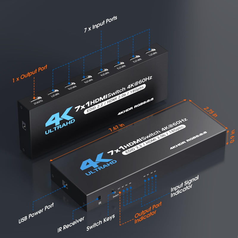 [AUSTRALIA] - HDMI Switch 7 in 1 Out, 4K60Hz HDMI Switcher with Remote, H-DMI Selector Box Support UltraHD Dolby HDR10 2.0 HDCP 2.2 3D, HD-MI Splitter Compatible with Xbox PS5/4/3 Blu-Ray Player Fire Stick Blue 